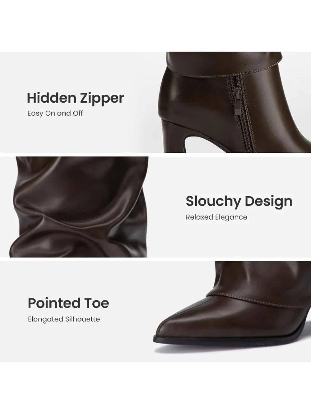 Women's Brown Pointed Toe Pu Leather Chunky Heel Fold Over Knee High Boots